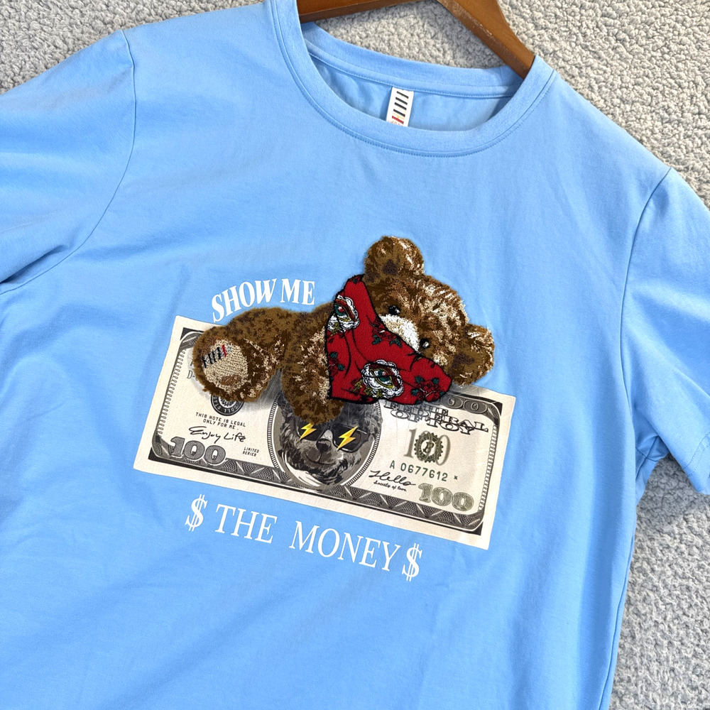 Fifth Loop Blue T-SHIRT Size Small 'Show me the money' Embroidered Bear Bandana